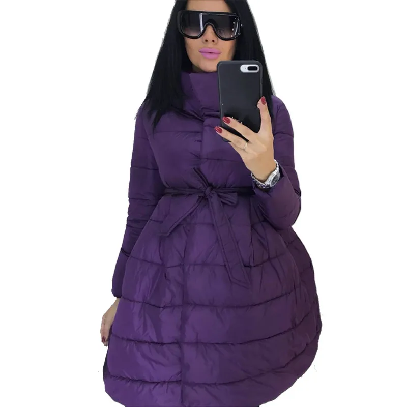 Beste Winter Jas Vrouwen Rok Parka Mode Strik Taille Medium Lange Stand Kraag Katoen Gevoerde Warme Jas Chaqueta Mujer Invierno