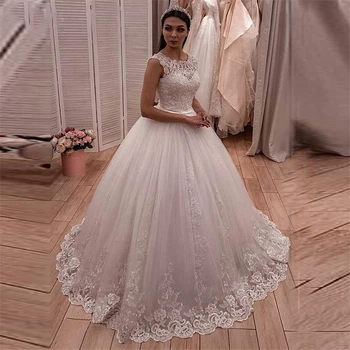 

Jewel Lace Appliques Ball Gown Wedding Dresses 2020 Modest Sweep Train Bridal Gowns Ladies Sleeveless Robe De Mariage