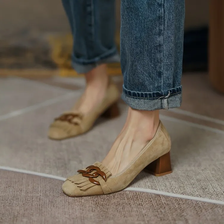 

French Stylish Women Suede Winter Pumps Warm Lambwool Inside 5cm High Heels Stilettos Buckle Chains Shallow Chaussure Femmes