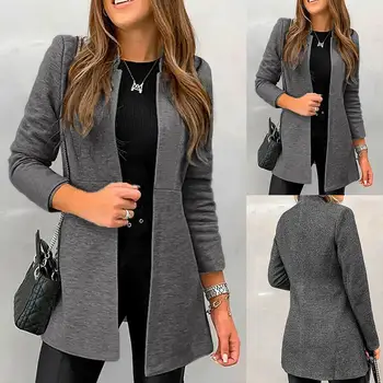 

Office Lady Solid Color Long Sleeve Stand Collar Plus Size Slim Blazer Jacket