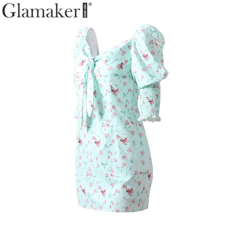 Glamaker, платье с пышными рукавами и цветочным принтом, Осеннее, квадратный воротник, галстук-бабочка, половина рукава, облегающее платье, женские, вечерние, базовые, шикарные, vestidos