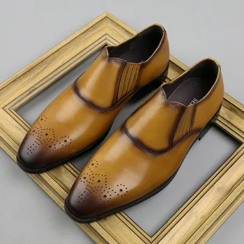 

Men Short Boots Slip-on Yellow Black Fashion High Top Shoes Cow Leather Breathable Carved Pointed Toe Genuine Leather Boots