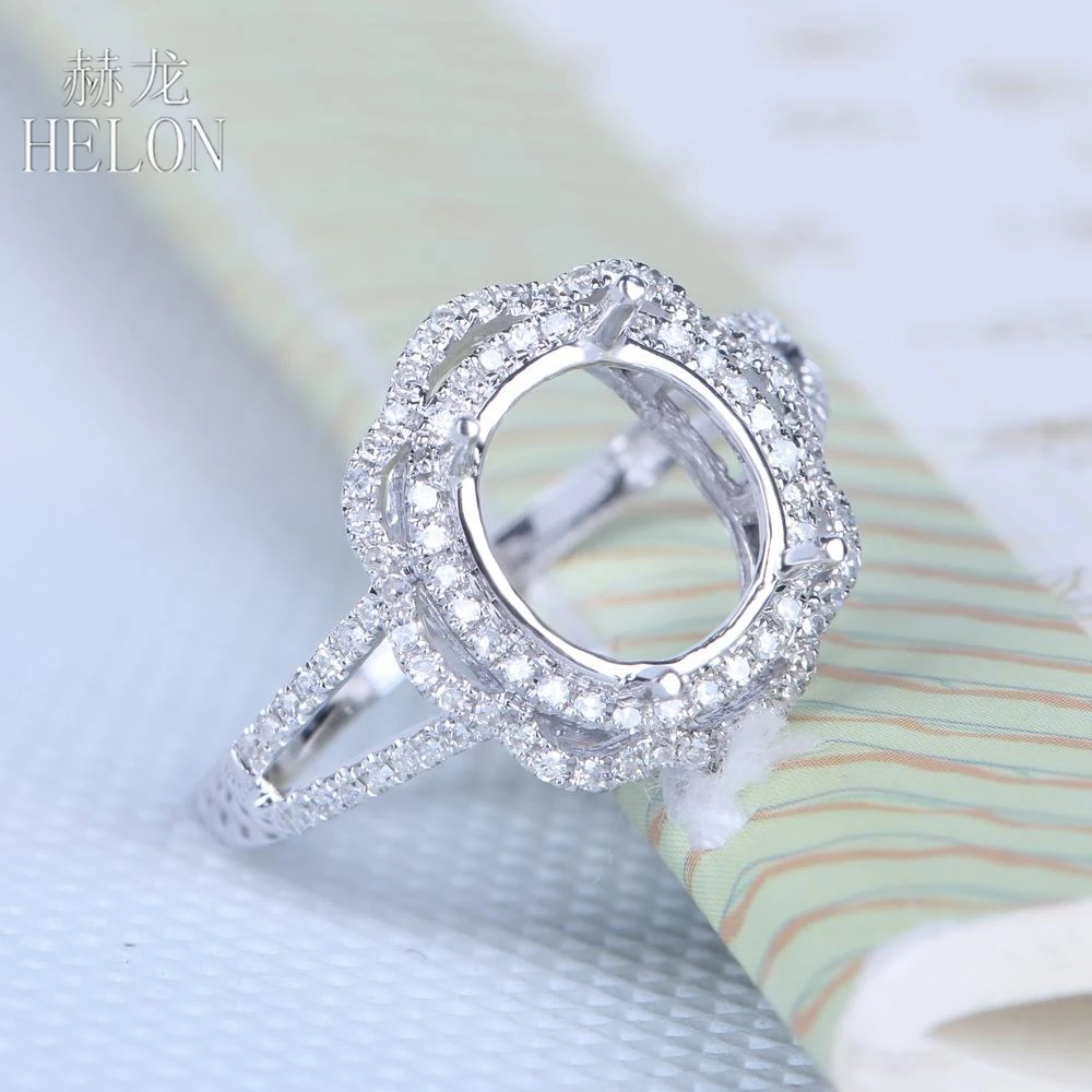 HELON Стерлинговое Серебро 925 Pave Настоящее 0.3ct натуральные бриллианты женские классические ювелирные изделия полукрепление кольцо Установка подходит овальной огранки 9X8 мм