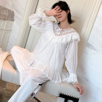 

Kawaii Pygama Femme Winter Pj Woman Cute Pjs Cotton Sleepwear Long Sleeves Lace Princess Nightwear Homewear Two Piece Pajama Set