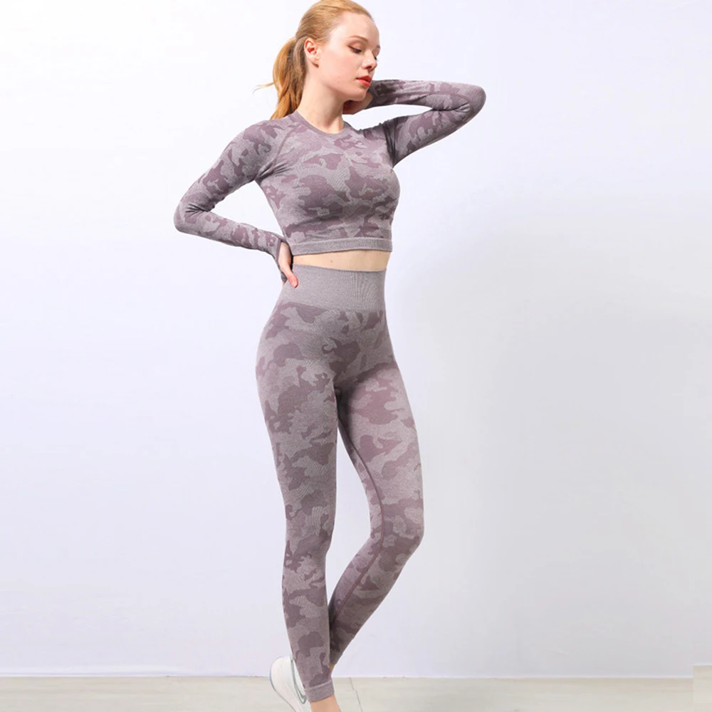 

Hollow Back Sports Camouflage Pattern Trousers Yoga Running Wear Ins Fitness Suit Long Sleeve Pants Flexible Breathable