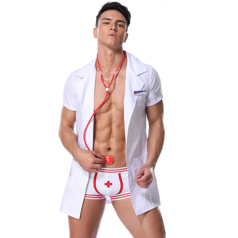 

2 Piece Set White Sexy Lingerie For Men Hot Erotic Doctor Cosplay Uniform Costume Outfit Party Carnival Game Adult Male Clothing