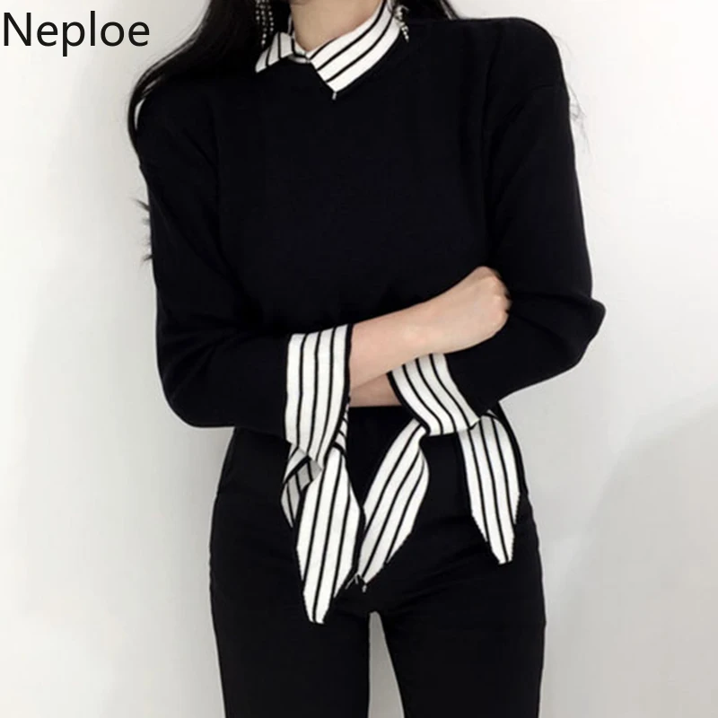 Neploe, корейский стиль, Ретро стиль, отложной воротник, полосатый лоскутный пуловер, свитер на шнуровке, длинный рукав, женская зимняя одежда 48672