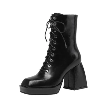 

European and American brown square-toe zipper short boots thick heel retro lace-up Martin boots platform high-heeled mid-tube ha