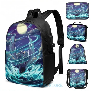 

Lugia Lord of the Sea Pokemon Silver and Gold USB Charge Backpack men School bags Women bag Travel laptop bag