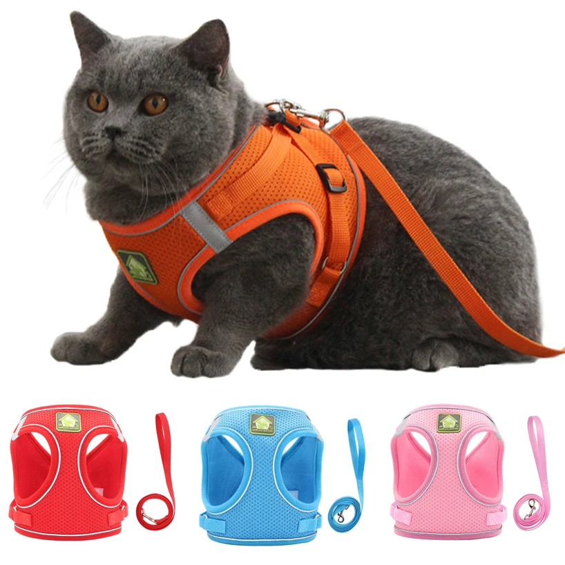 Reflective Puppy Cat Harness Vest With Walking Lead Leash Adjustable Kitten Collar Polyester Mesh Harness For Small Medium Dogs