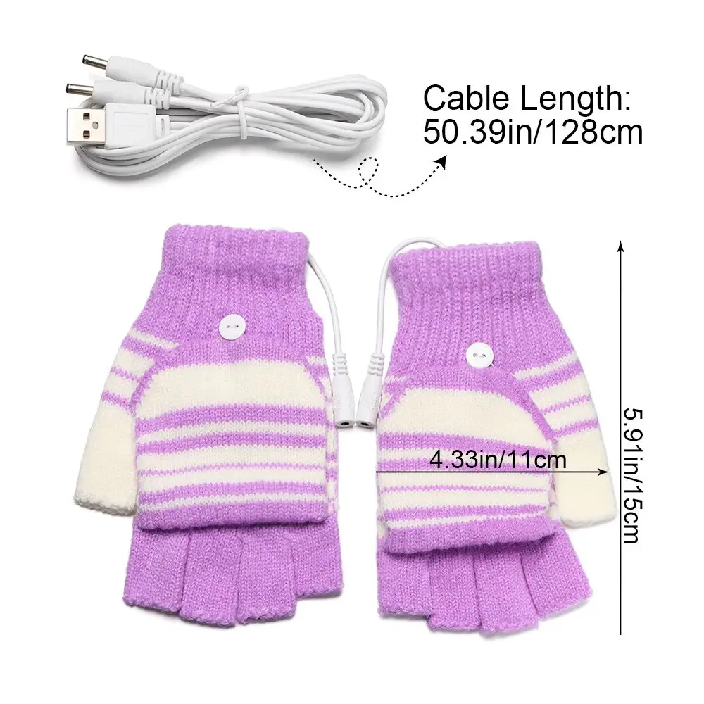 Stripe Knit Gloves Winter Mittens Thermal Electric Heating Gloves USB Heated Warm Gloves Half Finger