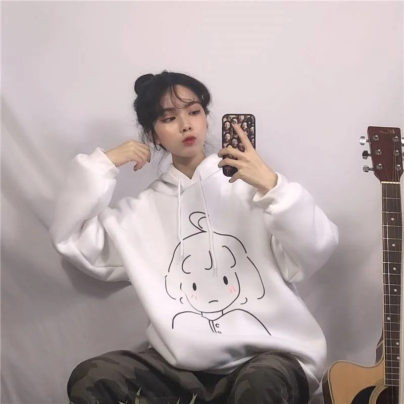Толстовки женские с принтом Kawaii Ulzzang Harajuku мягкие плюс бархатные Большие размеры уличная простая с капюшоном модная женская толстовка шик