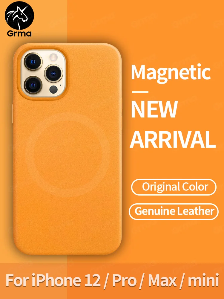 Grma Magnetic Genuine Leather Case For iPhone 12 Pro Max 12 Mini Shockproof Luxury Back Phone Cover For Apple Magnetic Charger