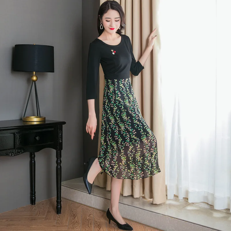 

Women's Wear Nine Points Sleeve Dress 2020 Summer Dress Splicing Printing Backing Long Skirt Fake Two Piece Big Size