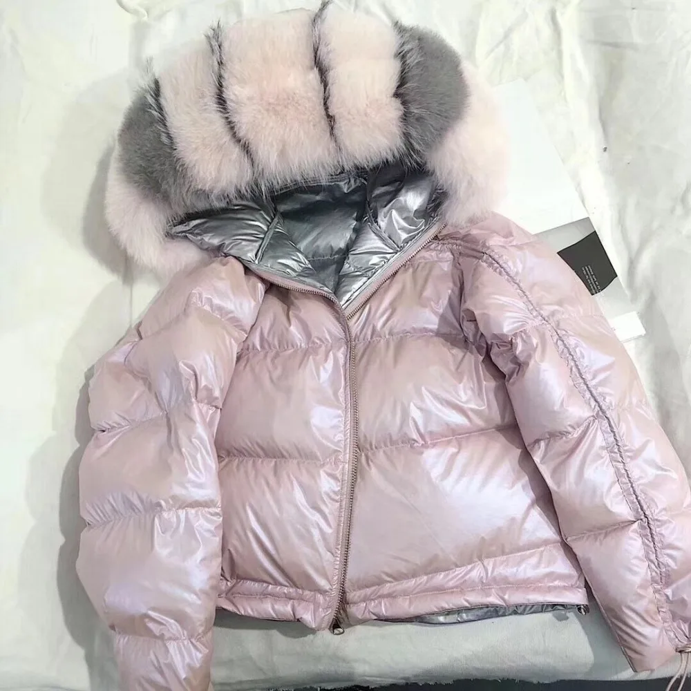 Зимняя женская куртка с натуральным мехом, Воротник из натурального Лисьего меха, свободное короткое пальто, серебристый белый пуховик на утином пуху, Корейская одежда