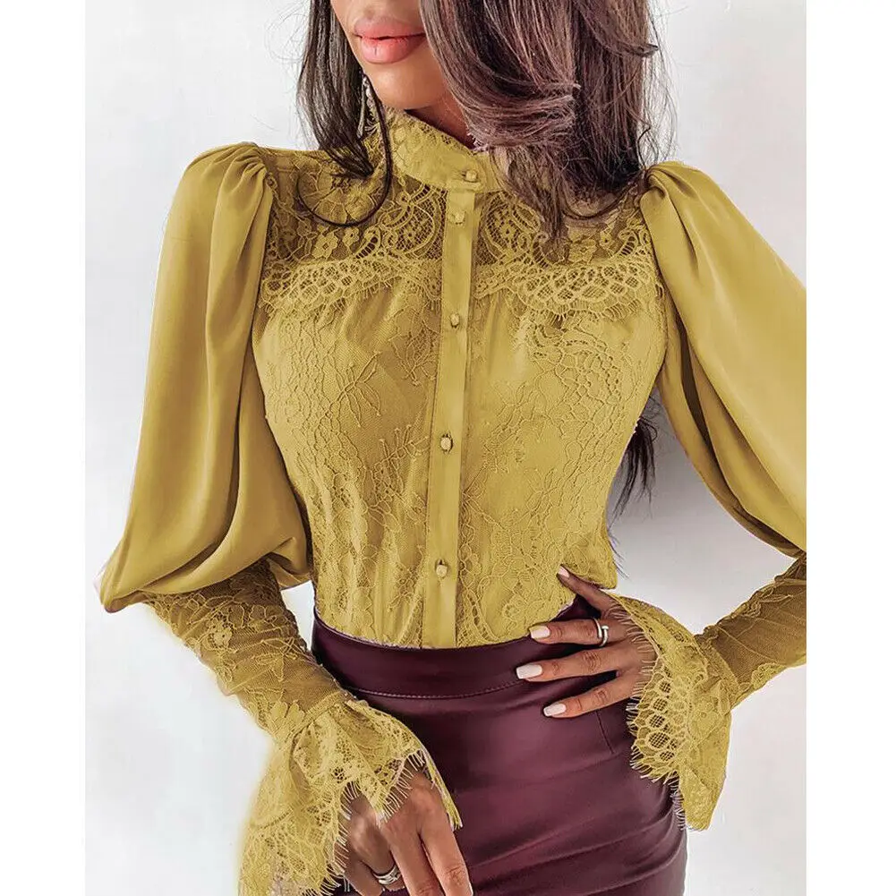 Элегантная Новая блузка с пышными плечами, Офисная Женская Осенняя кружевная блузка с цветочной вставкой на пуговицах, современные женские рубашки с длинным рукавом - Цвет: Цвет: желтый