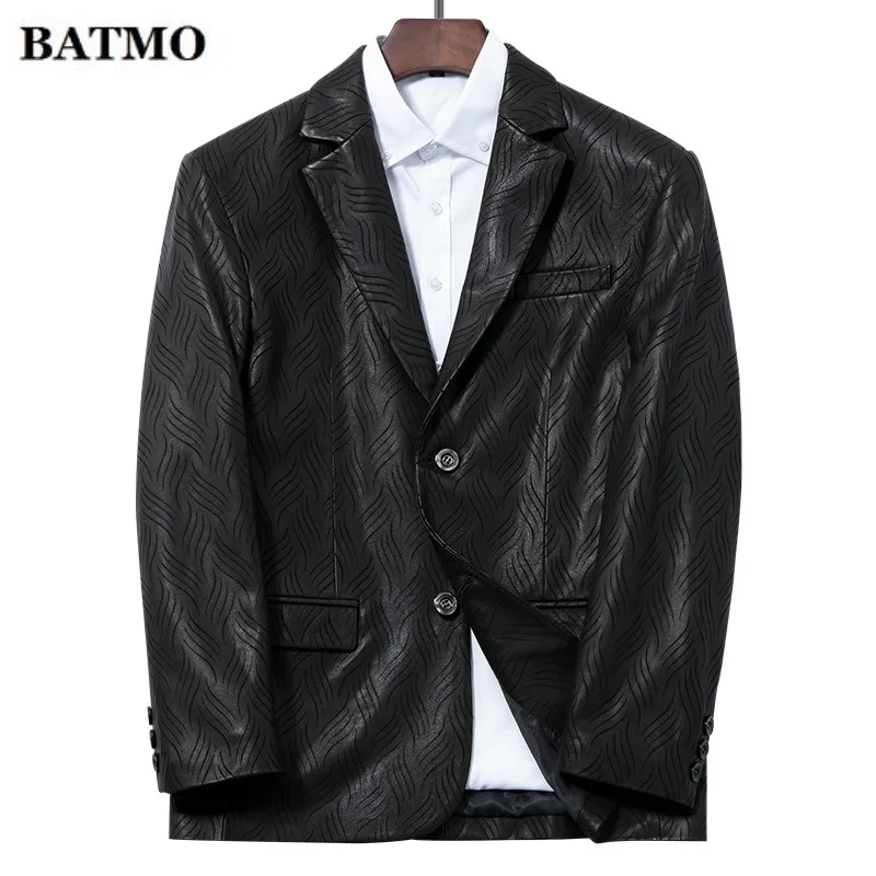 Batmo осеннее Новое поступление высококачественный мужской настоящий кожаный пиджак, деловой повседневный мужской бейзер пиджак из овчины, размер L-4XL - Цвет: Черный