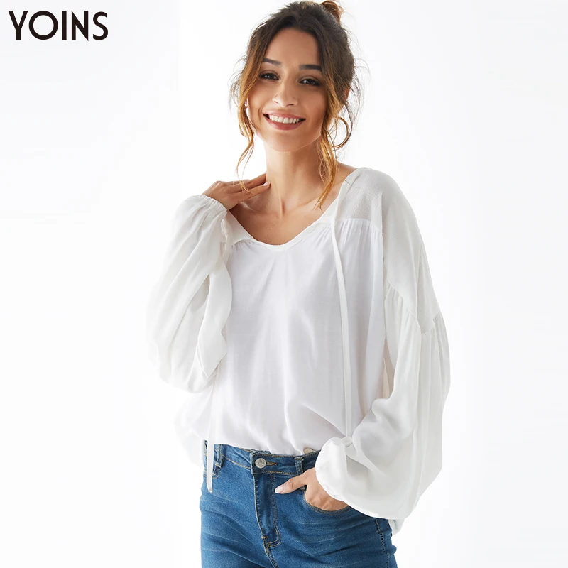 YOINS, Женские топы и блузки, элегантные одноцветные повседневные блузы с v-образным вырезом, стильные летние белые рубашки с длинным рукавом, офисные шикарные Блузы