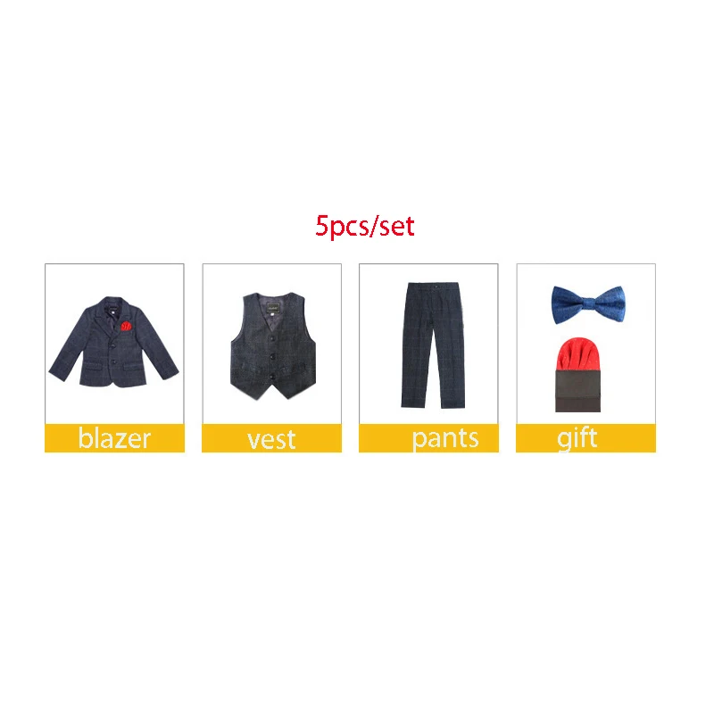 dark gray 5pcs Комплект Свадебного Платья с цветочным принтом для мальчиков, детский платный Блейзер, жилет, брюки, рубашки, комплекты одежды с бантом, вечерние костюмы для выступлений - Цвет: dark gray 5pcs