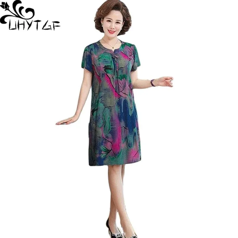 

UHYTGF Summer Womens Dress 2021Soft Printed Cotton Linen Thin 5XL Big Size Dresses Fashion Pocket Pullover Casual Mom Clothes 6