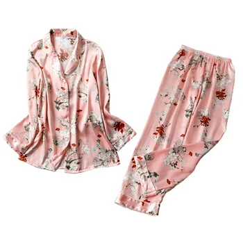 

Print Floral Pyjamas Women Stripe Satin Pajamas Sets 2019 New Spring Long Sleeve 2 Pcs Suit Casual Silk Home Clothing Sleepwear
