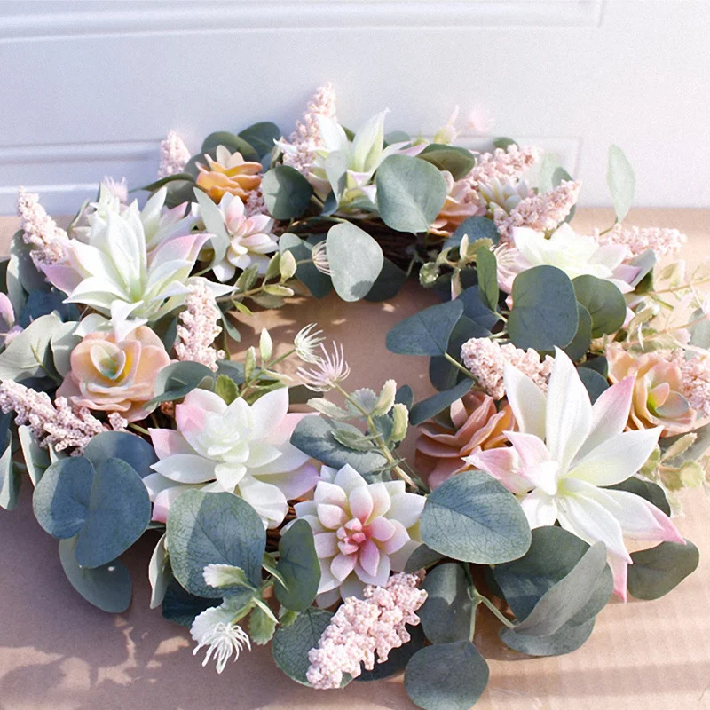 Artificial Succulent Flower Wreath Garden Hanging Wreath for Home Wall Front Door Wedding Decor