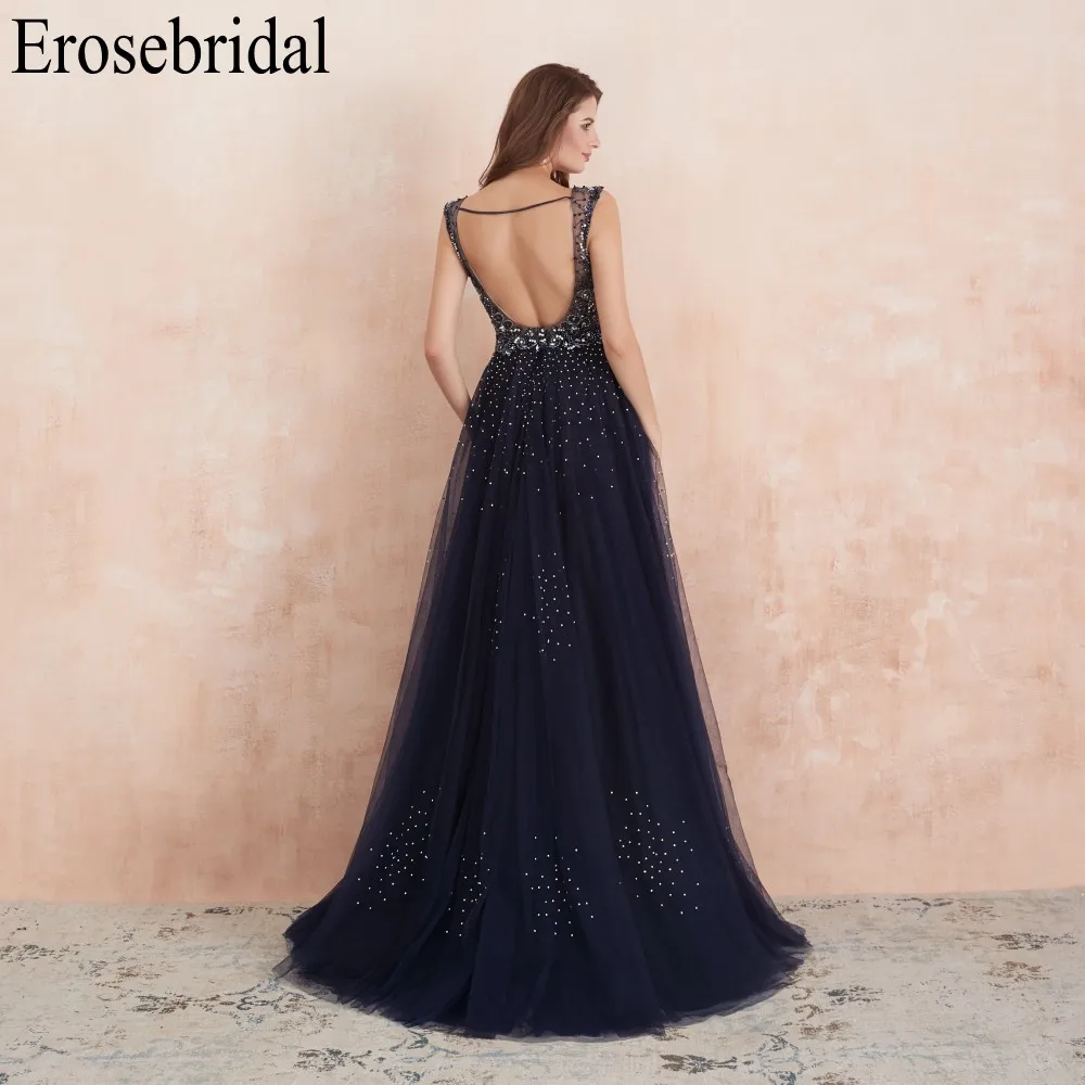 Erosebridal, с открытой спиной, темно-синее вечернее платье, длинное,, сексуальное, глубокий v-образный вырез, с коротким шлейфом, длинные, вечерние платья