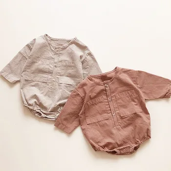 

2020 autumn Korean children wear new infant pocket cartoon round collar button triangle romper