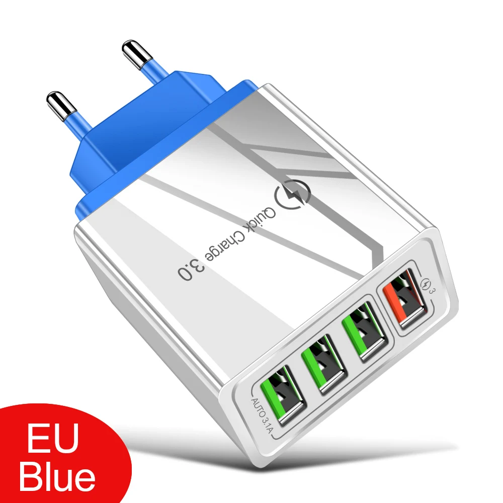 4 USB Charger Quick Charge 3.0 For Phone Adapter for iphone 11 Samsung Tablets UK EU Portable Fast Charging Wall Mobile Charger - Тип штекера: EU Blue