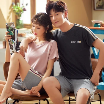 

BZEL Spring Summer Couple Sleepwear Cotton Pajamas Set Men's Nightwear Women's Casual Home Clothes Short Sleeve Lovers' Clothes