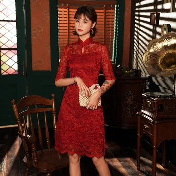 

Chinese Style Lace Lady Evening Party Dress Elegant Mandarin Collar Red Cheongsam Vintage Flower Qipao Perspective Vestidos