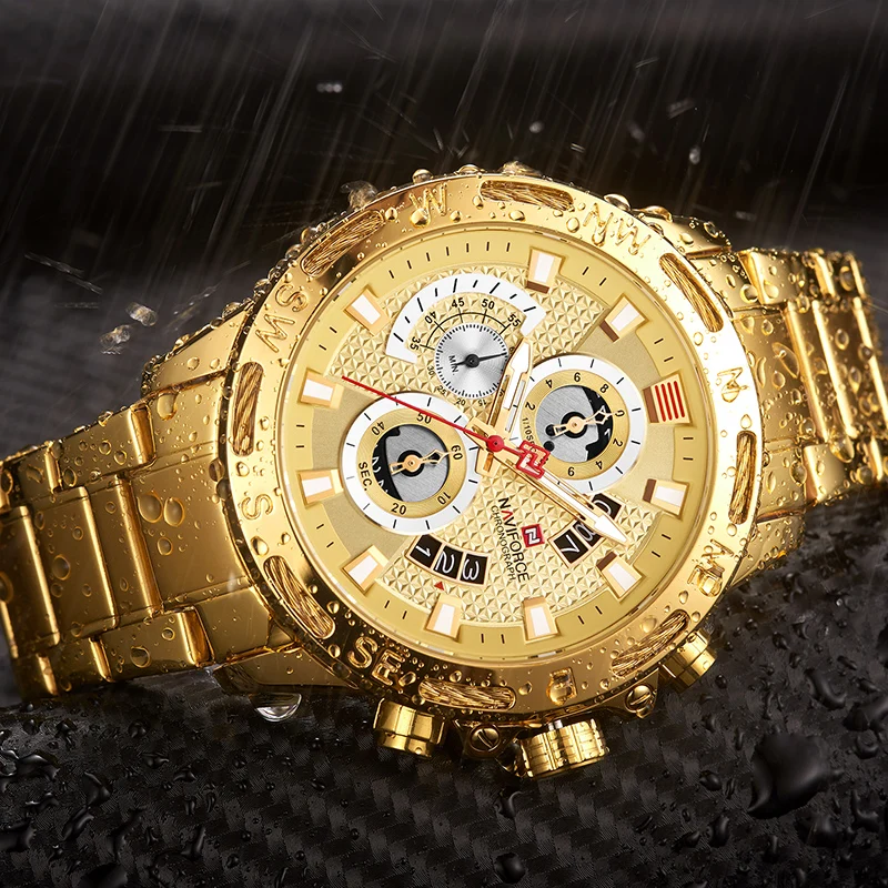 Люксовый бренд NAVIFORCE мужские спортивные часы золотые кварцевые часы из полной стали Мужские часы с датой недели водонепроницаемые военные часы