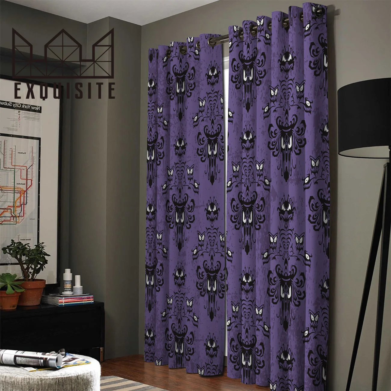 Halloween Grimace Haunted Mansion Window Treatments Living Room Purple Black Window Curtains Bedroom Drapes Kids Room Home Decor