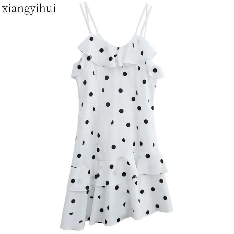 

Ruffles Sexy Adjustable Straps Polka Dot White Summer Dresses Women Sleeveless Spaghetti Strap Midi Knee Length Irregular Style