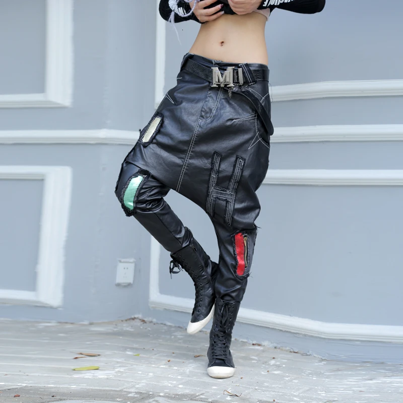 Pu Искусственная кожа брюки со стрелкой с молнией в мозаичном стиле, с низкой талией, Женский Брюки для сцены Dj Костюмы в стиле «хип-хоп», «панк» Для женщин кросс-брюки