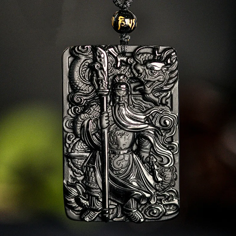 Hand-Carved Guanyu Black Obsidian Jade Pendant Necklace Chinese Fashion Natural Jewelry Charm Amulet Accessories for Men Gifts | Украшения