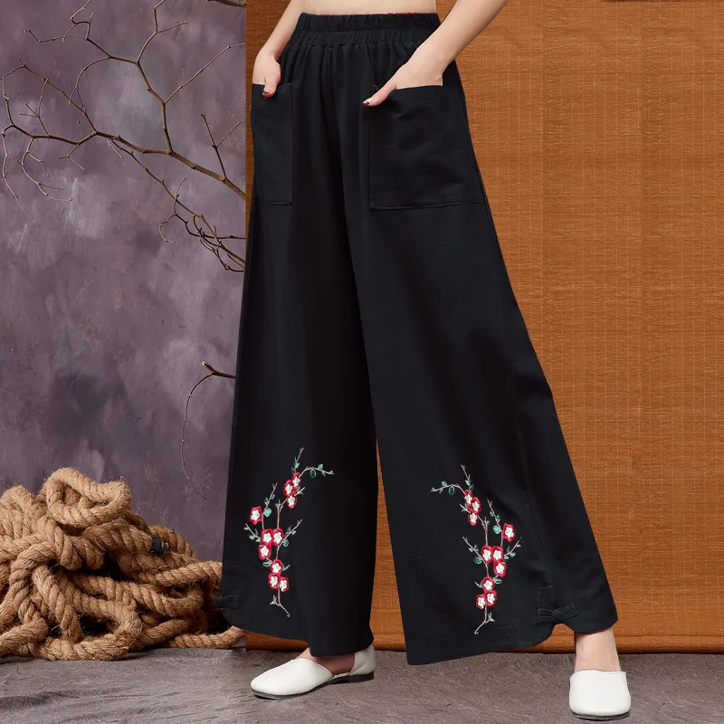 

2019 Spring And Autumn New Style Ethnic Literature And Art Embroidered Trousers Cotton Linen Loose-Fit Loose Pants WOMEN'S Leisu