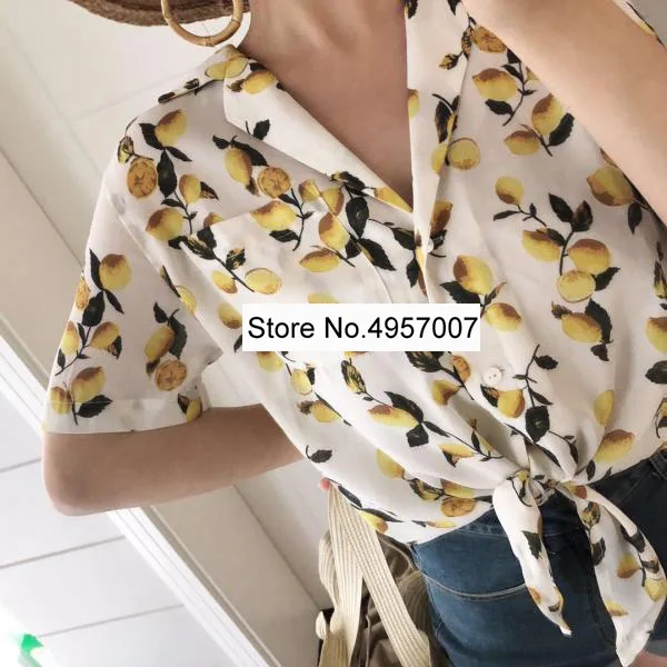 Women Lemon Printed Blouse Top With Short Sleeve & Ties Hem - Ladies Lemon Printing Shirt Top 5