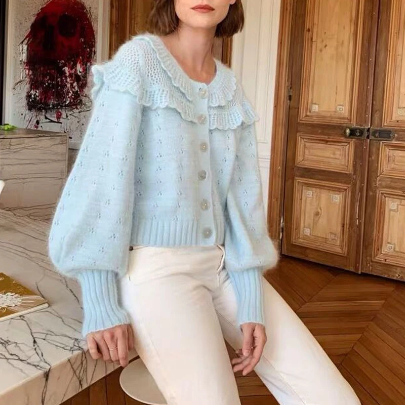 Autumn Sweater Winter Fashion Single-breasted V-neck sweater women hollow cardigan Knit Female sweet ruffles Chic Cardigan