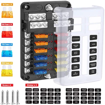 

12 / 6 Ways Blade Fuse Box Holder with ATC/ATO Fuse Box Holder LED Warning Indicator for Car Boat Marine Fuse Accessories
