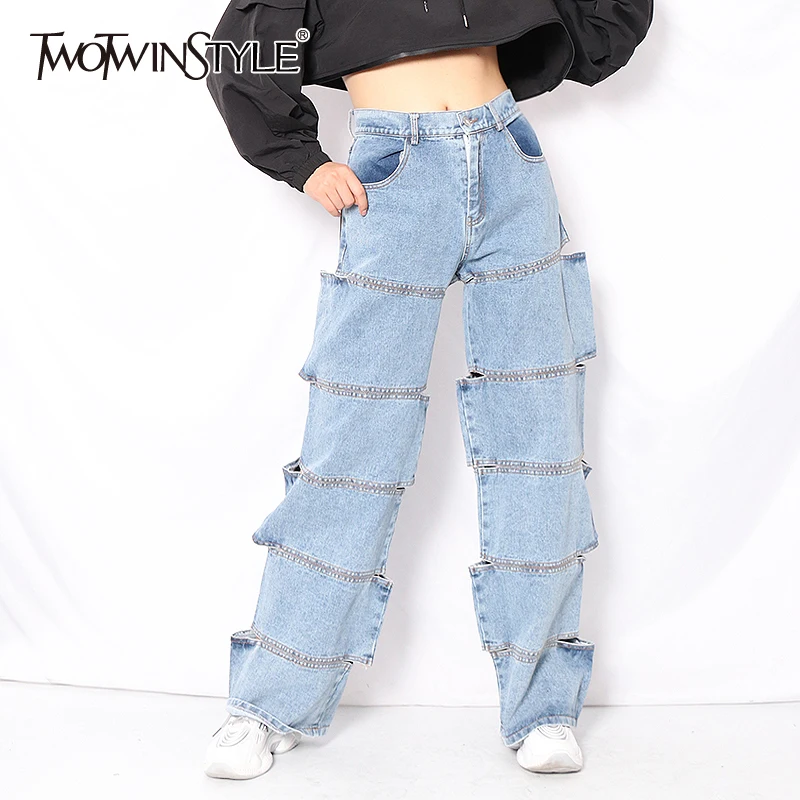 

TWOTWINSTYLE Casual Straight Jeans For Women High Waist Wide Leg Hollow Out Streetwear Female 2020 Autumn Fashion New Clothing