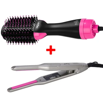 

1000W Tourmaline Ceramic Hair Dryer Brush Negative Ion Hot Air Comb + Mini Flat Iron Professional Hair Straightener Curling Wand