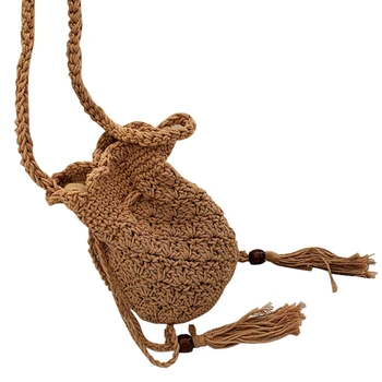 

New Drawstring Women'S Straw Bucket Bag Summer Woven Shoulder Bags Shopping Purse Beach Handbag Straw Handbags Travel Bag Khaki