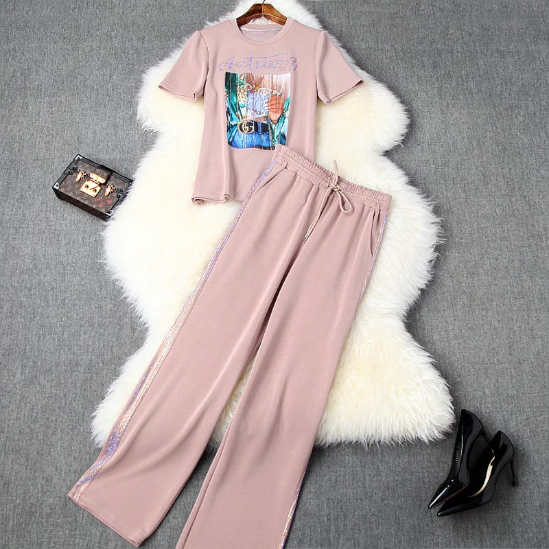 

Tracksuit Women 2020 Summer Women's Printed Short-sleeved T-shirt + Elastic Waist Hot Fix Rhinestone Wide Leg Pants Casual Suit