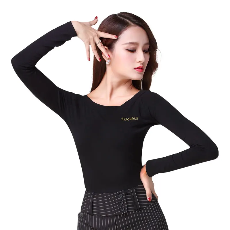 Solid Black Latin Dance Top for Women Long Sleeve Dancing Shirts Ballroom Costume Training Clothes Wear Outfits Workout upper