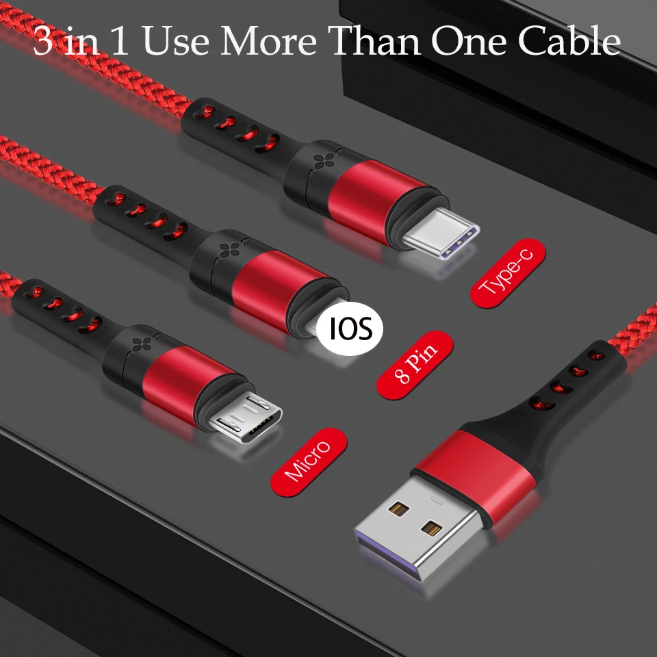 USB кабель для iPhone 11X8 7 6 3 в 1 type C/Micro 3A Быстрая зарядка мобильного телефона Android IOS |