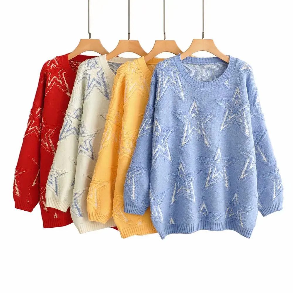 

Women Clothes 2019 Autumn and Winter Clothes Women Lazy Wind Round Neck Five-pointed Star Jacquard Pullover Sweater Women