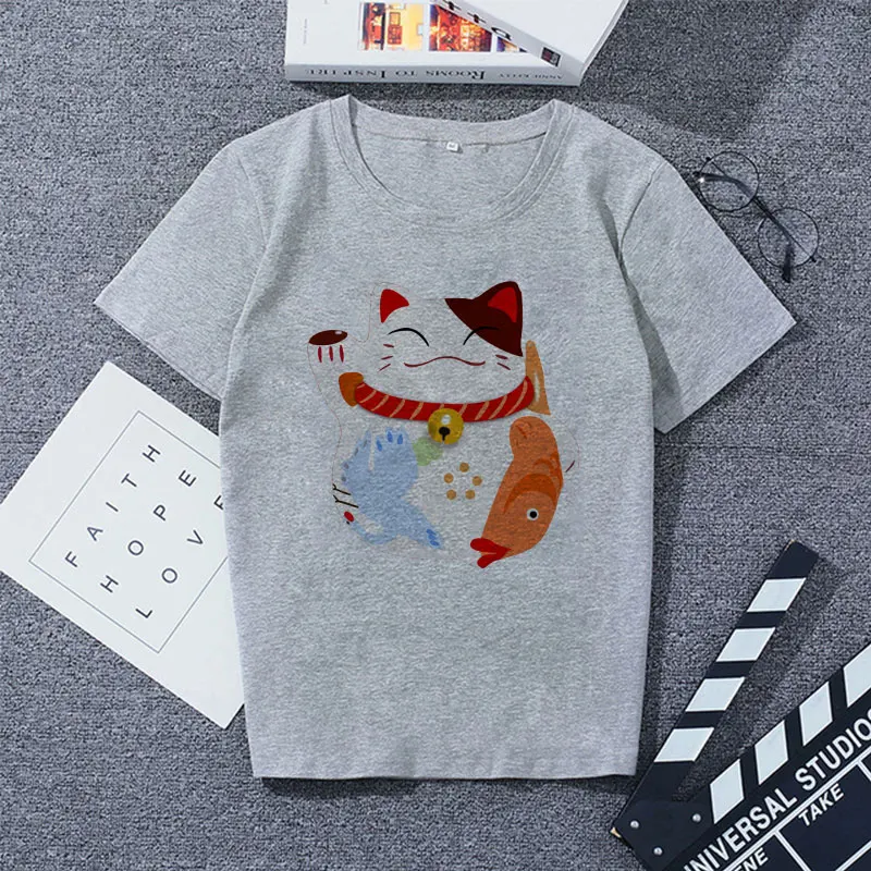 Женская одежда, Винтажная Футболка с принтом счастливого кота, женская индивидуальность, серый Vogue Harajuku, Повседневная эстетика, топы, женская футболка - Цвет: 3621-Gray