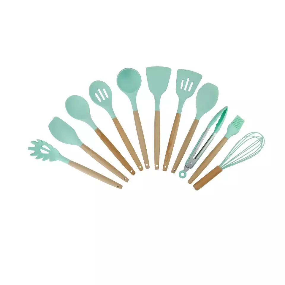 9pcs/11pcs Silicone Cooking Sets Soup Spoon Spatula Non-stick Shovel with Wooden Handle Special Heat-resistant Kitchen Tools