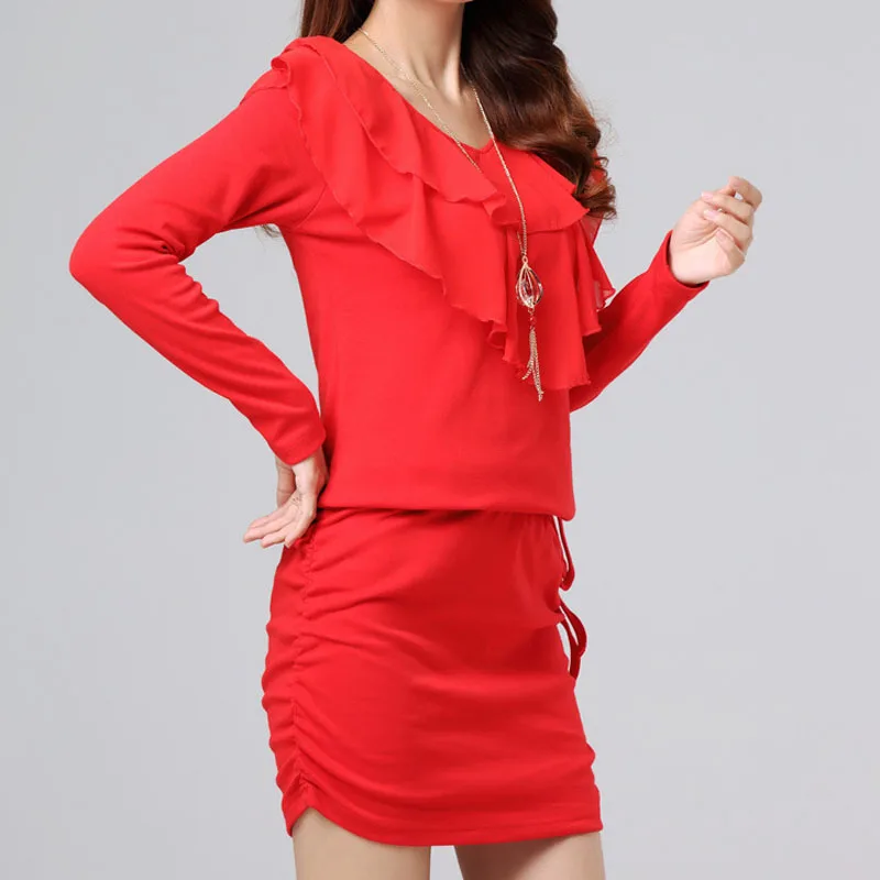 

New year Autumn Women's dress Chiffon long sleeve sexy dresses red Drawstring party dresses christmas dress women clotheings